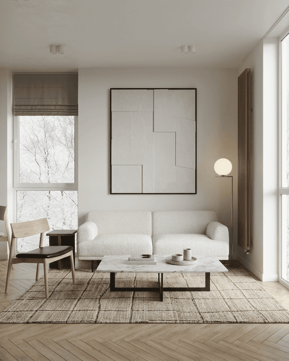 After: living room redesigned with coordinated furniture, decor accents, and warmer lighting