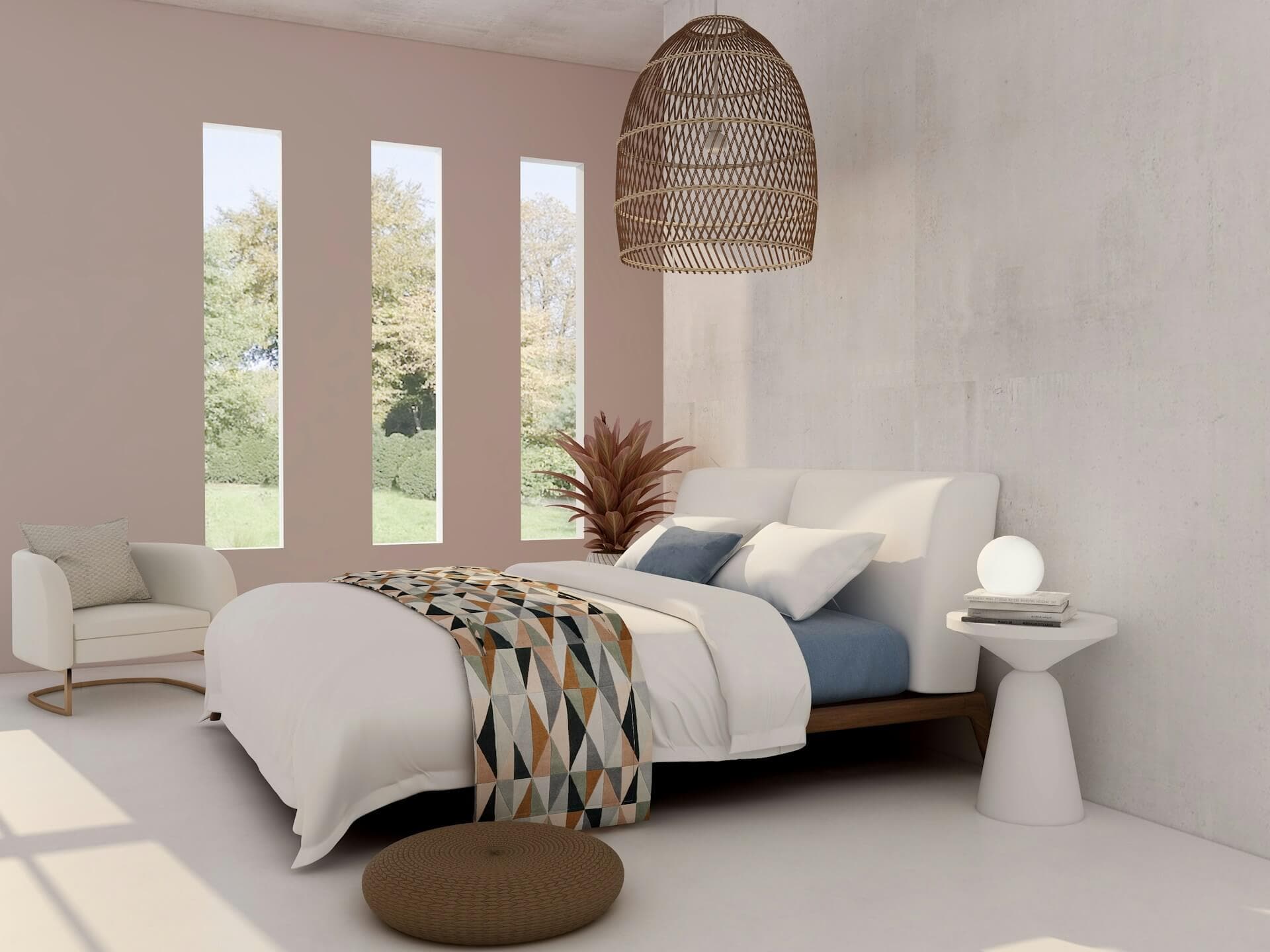 Japandi style master bedroom with warm wood tones, soft textures, and minimal decor